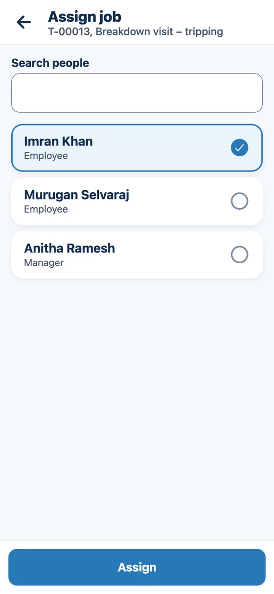 Assign task screen on a phone, with Imran Khan selected for a breakdown visit