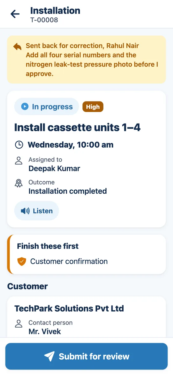 Task screen for an installation sent back for correction, with a Submit for review button