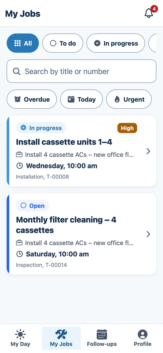 My Tasks on a phone: an installation in progress and an open inspection
