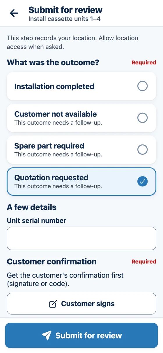 Phone screen asking "What was the outcome?" with four outcomes to choose from