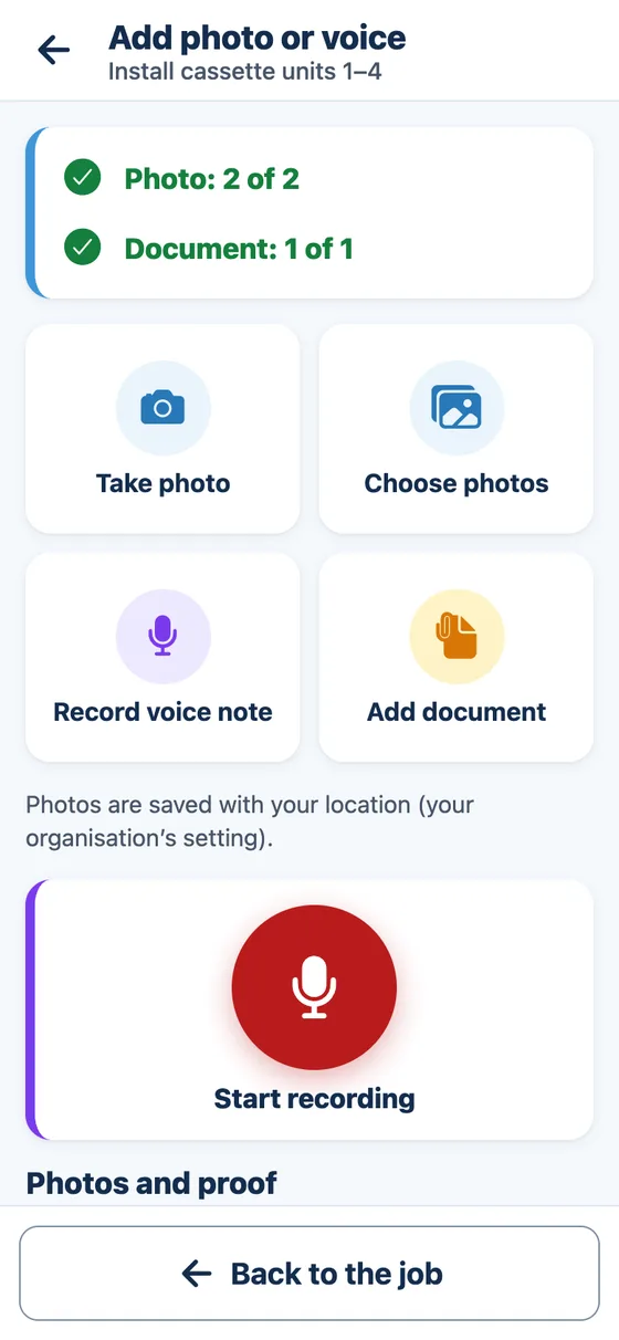 Add photo or voice screen showing two of two photos and one of one document added