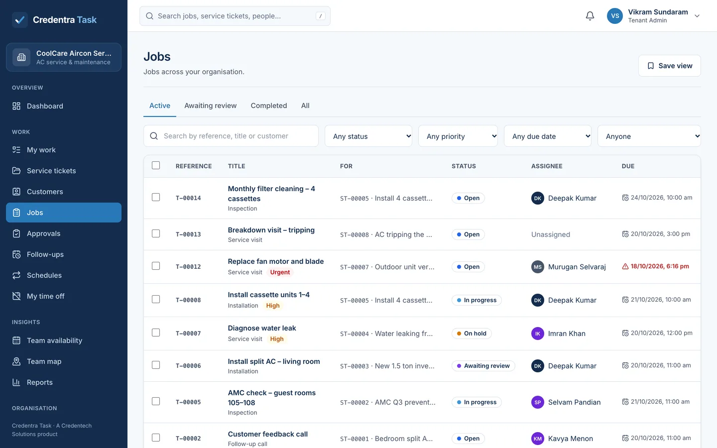 Manager view of all jobs with their status, assignee and due time; one job is overdue