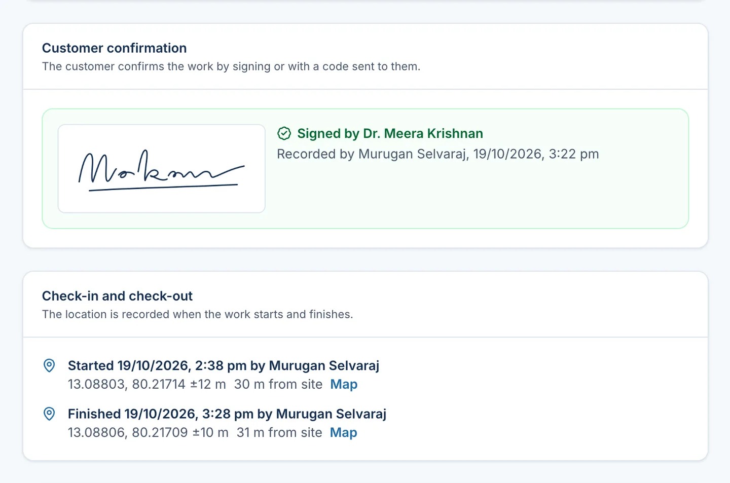 Finished job showing the customer's signature, check-in at 2:38 pm and check-out at 3:28 pm, each about 30 m from the customer's site